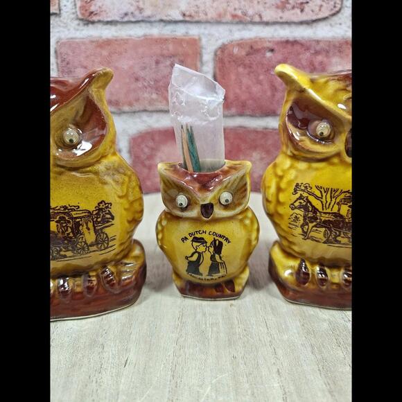 Vintage Owl Salt & Pepper Shakers, Toothpicks Horse Carriage, Googly Eyes, Amish - Picture 3 of 10